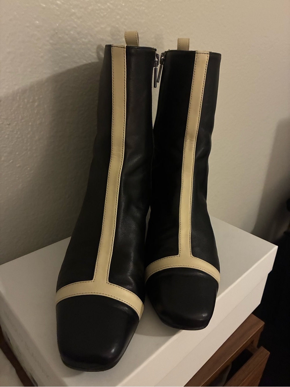 Women's Black Ankle Boots with Cream Contrast Trim
